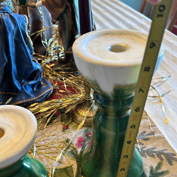 Vintage Pottery Green & White Taper Candle Holders Christmas Wedding Home Decor - Picture 7 of 9